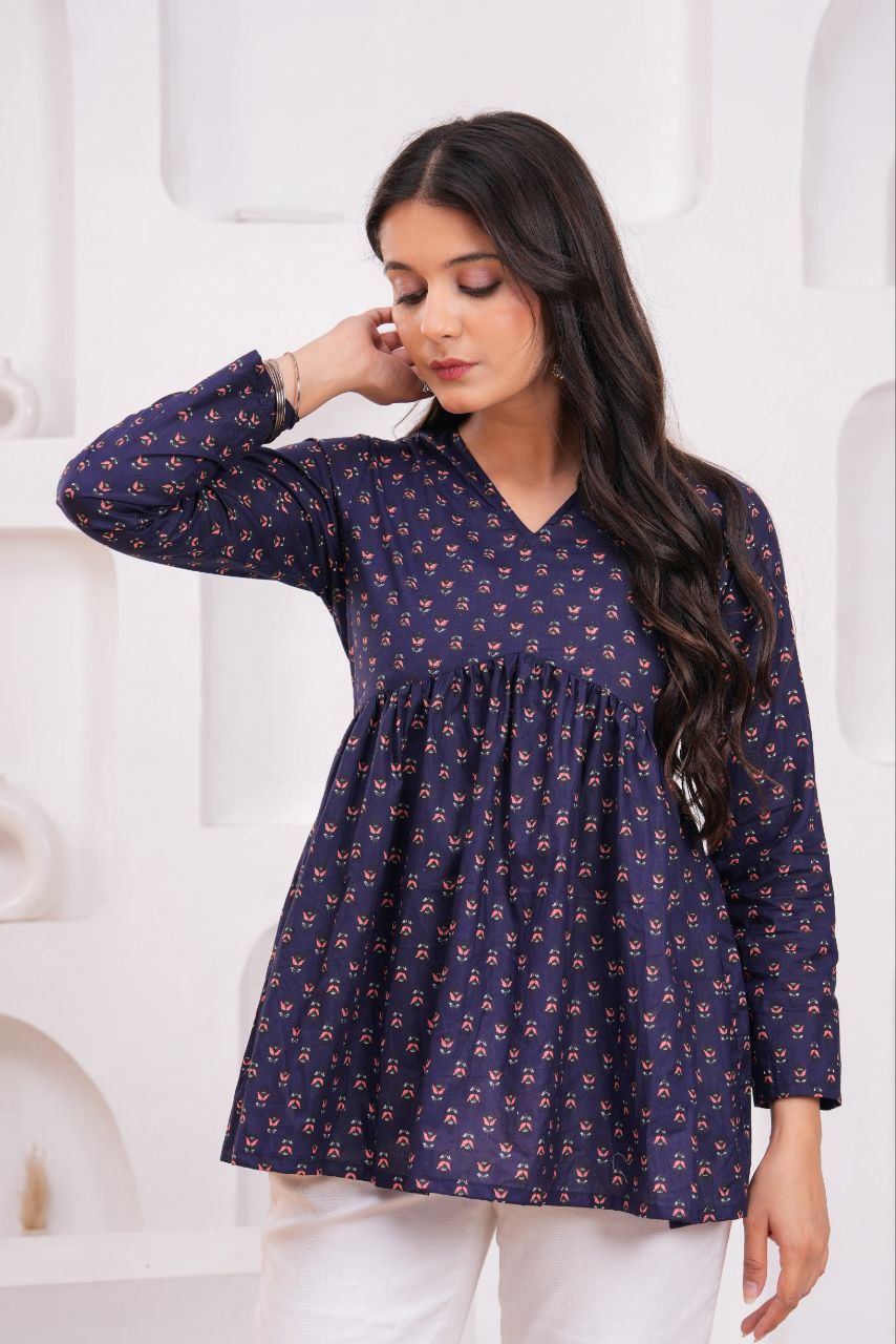 Cotton Charm Navy Printed Peplum Top