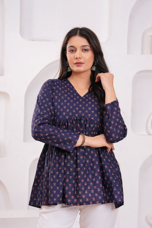 Cotton Charm Navy Printed Peplum Top