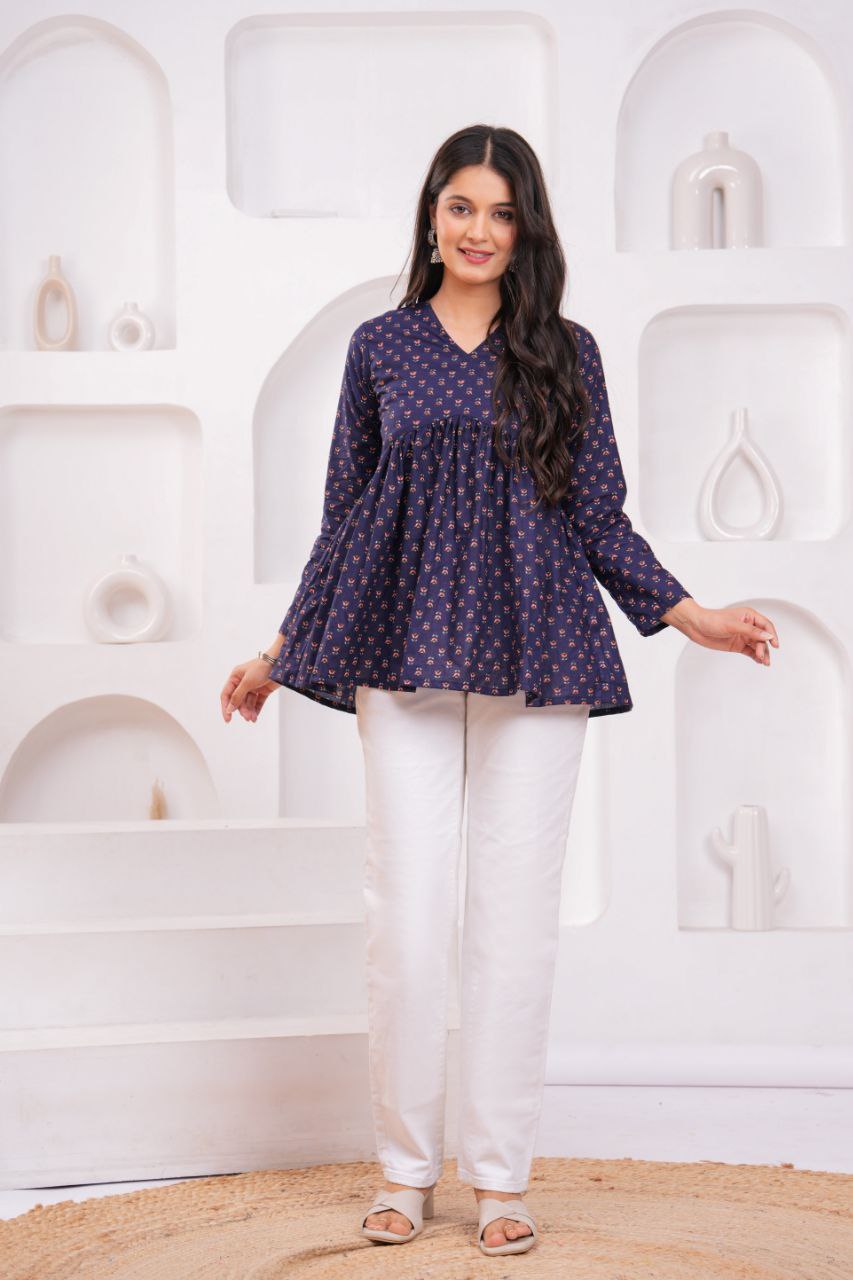 Cotton Charm Navy Printed Peplum Top