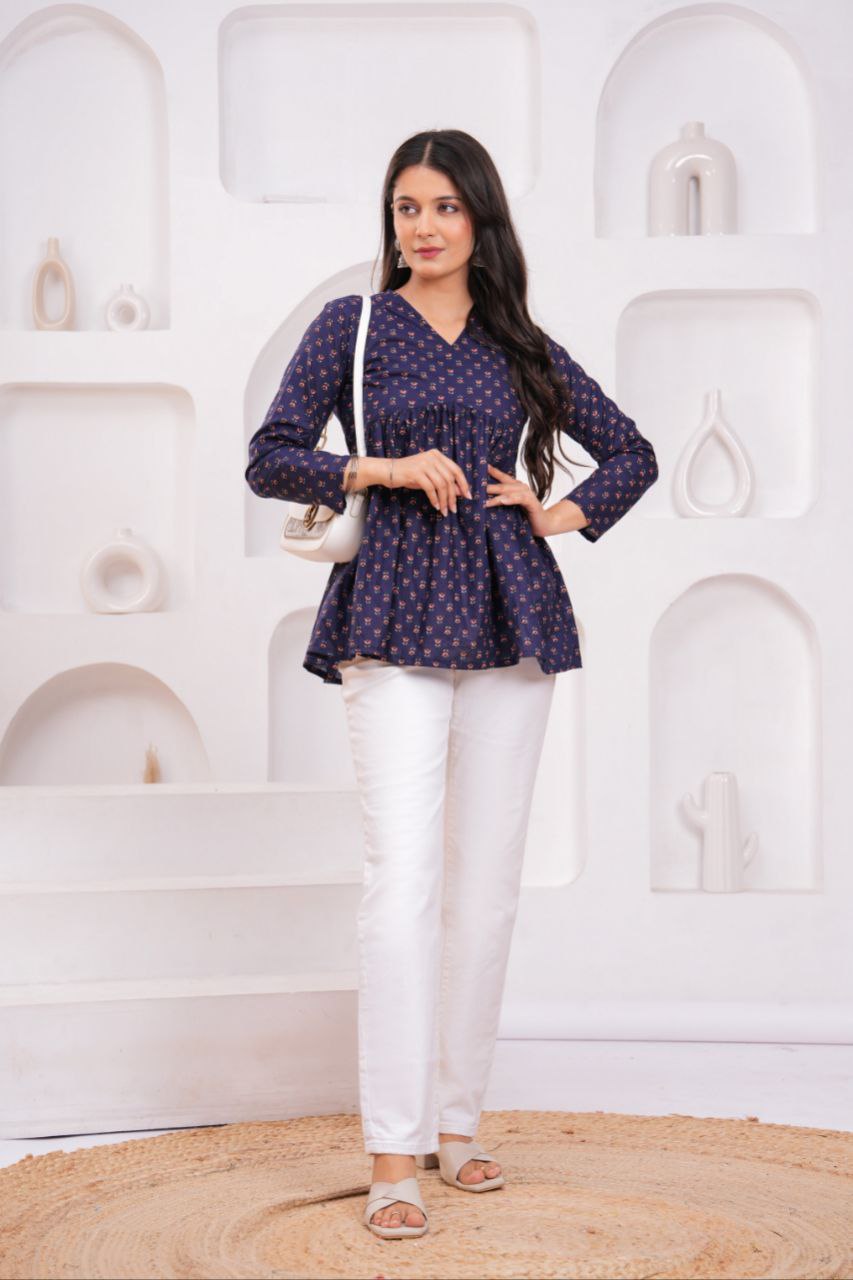 Cotton Charm Navy Printed Peplum Top