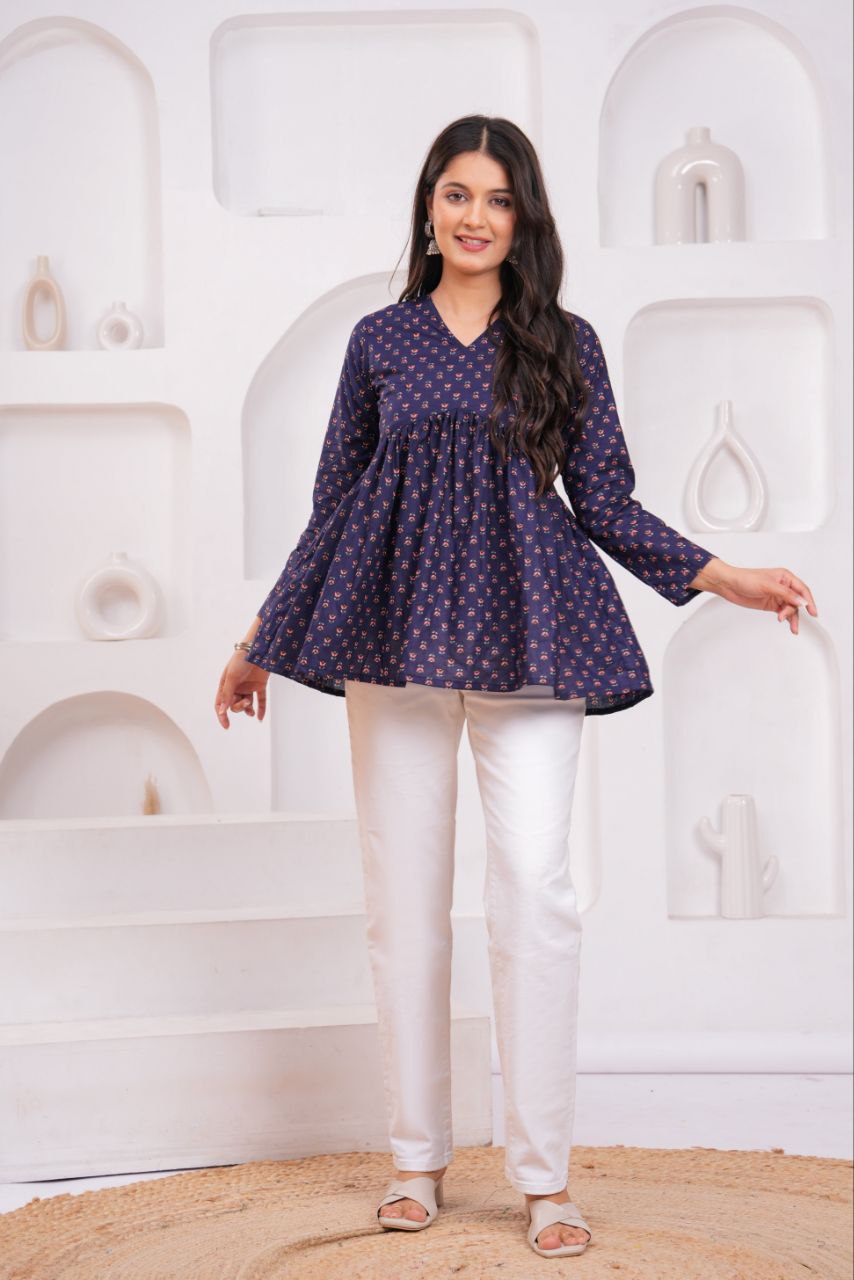 Cotton Charm Navy Printed Peplum Top