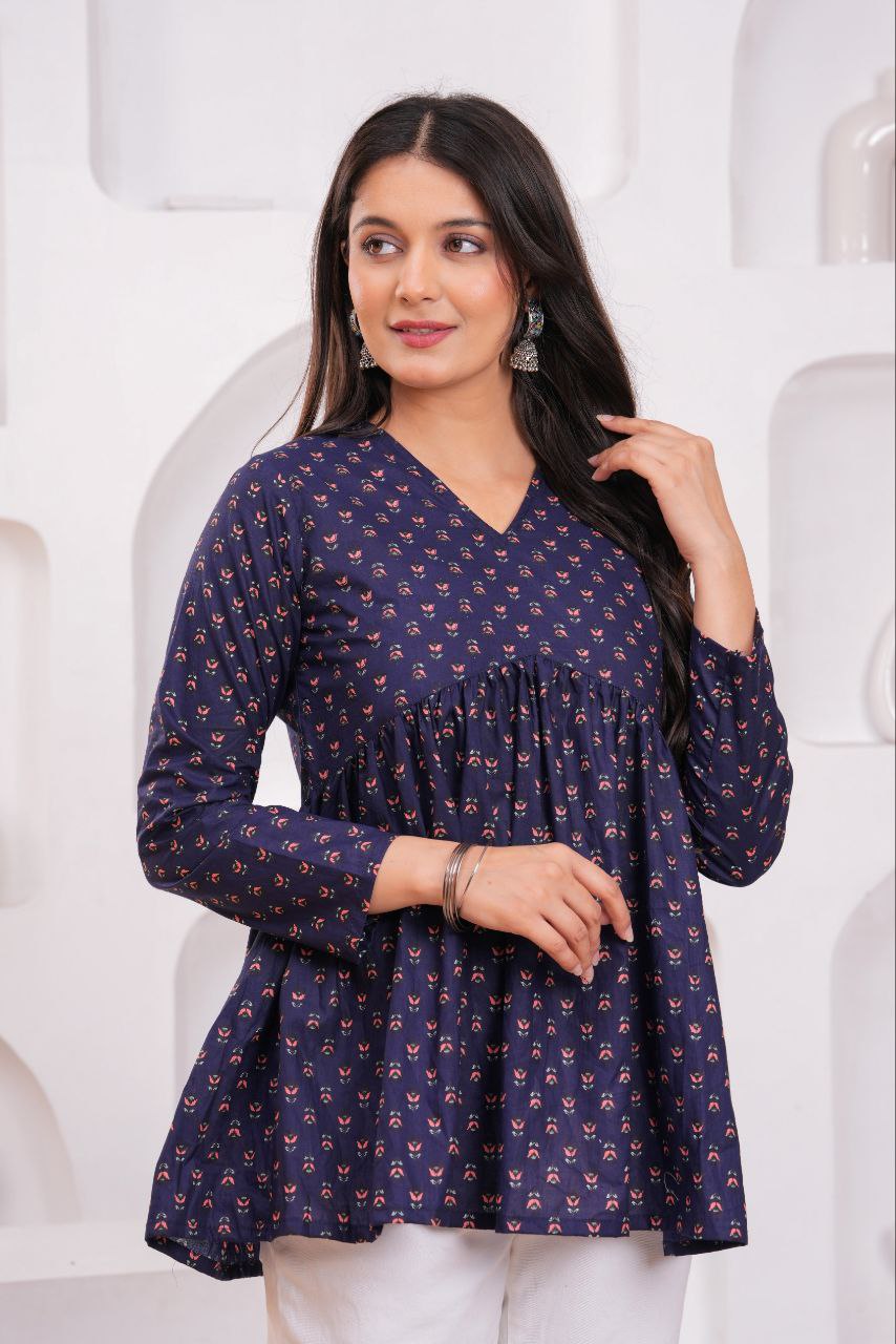 Cotton Charm Navy Printed Peplum Top